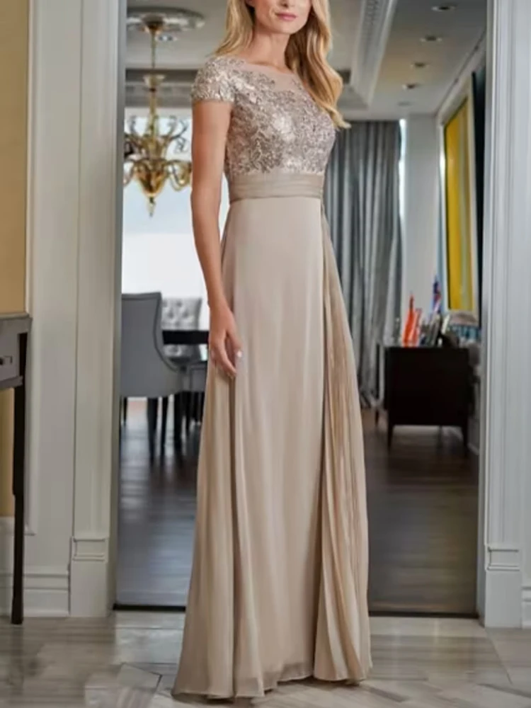 

Mother of the Bride Dress Champagne Chiffon Sequin Scoop Neck Floor-Length Straight Short Sleeve with Pleats Formal Wedding 2023