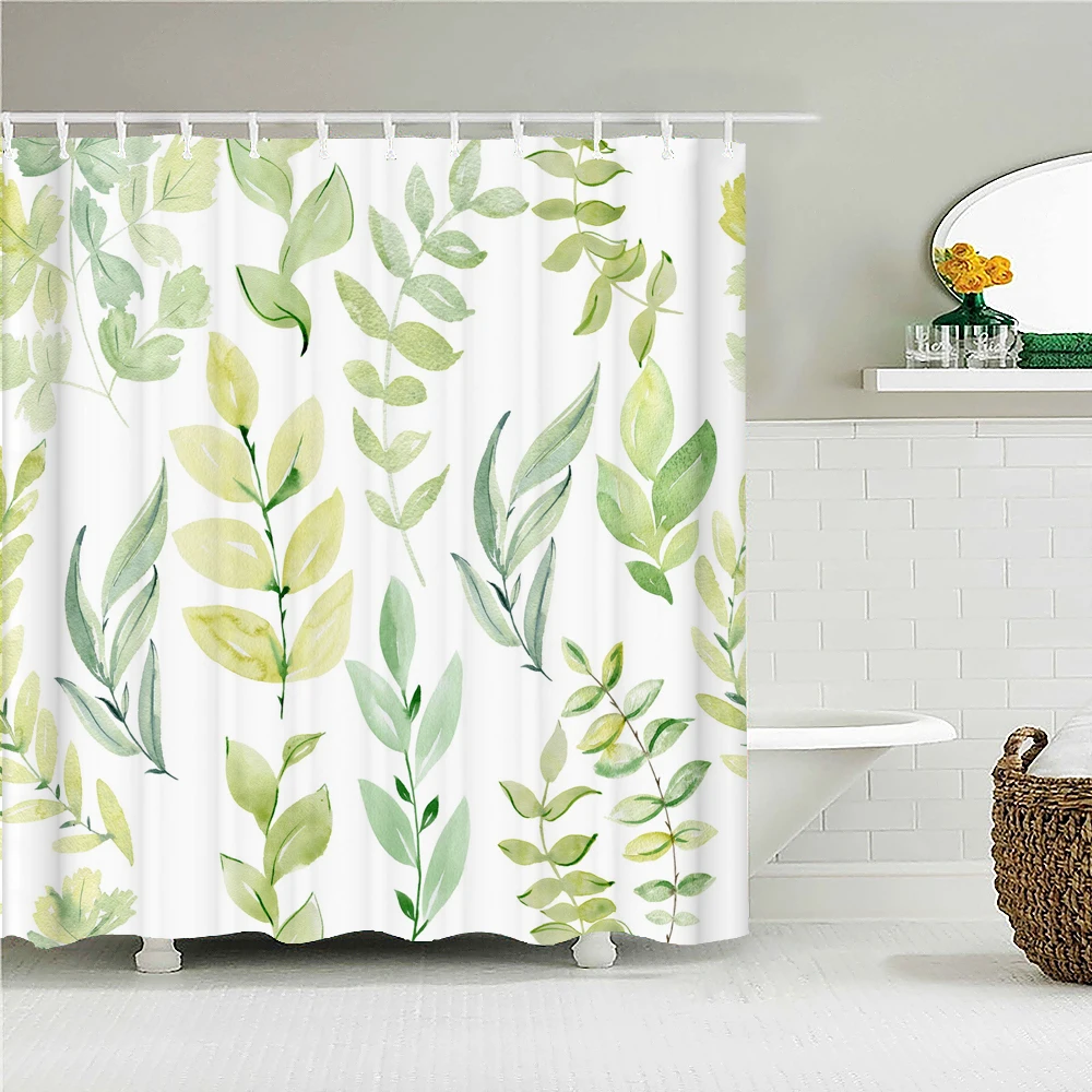 Shower Curtains Leaf Printed Fabric Shower Curtain Bathroom Decor with Hooks