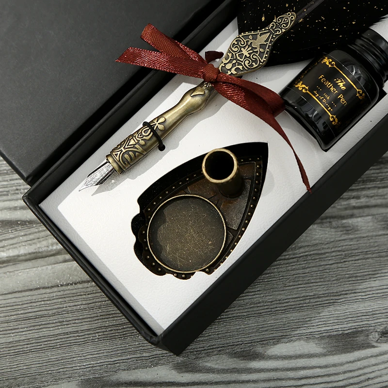 Calligraphy Feather Dip Pen with 2 Nib Set Quill Fountain Writing Pen Gift Box