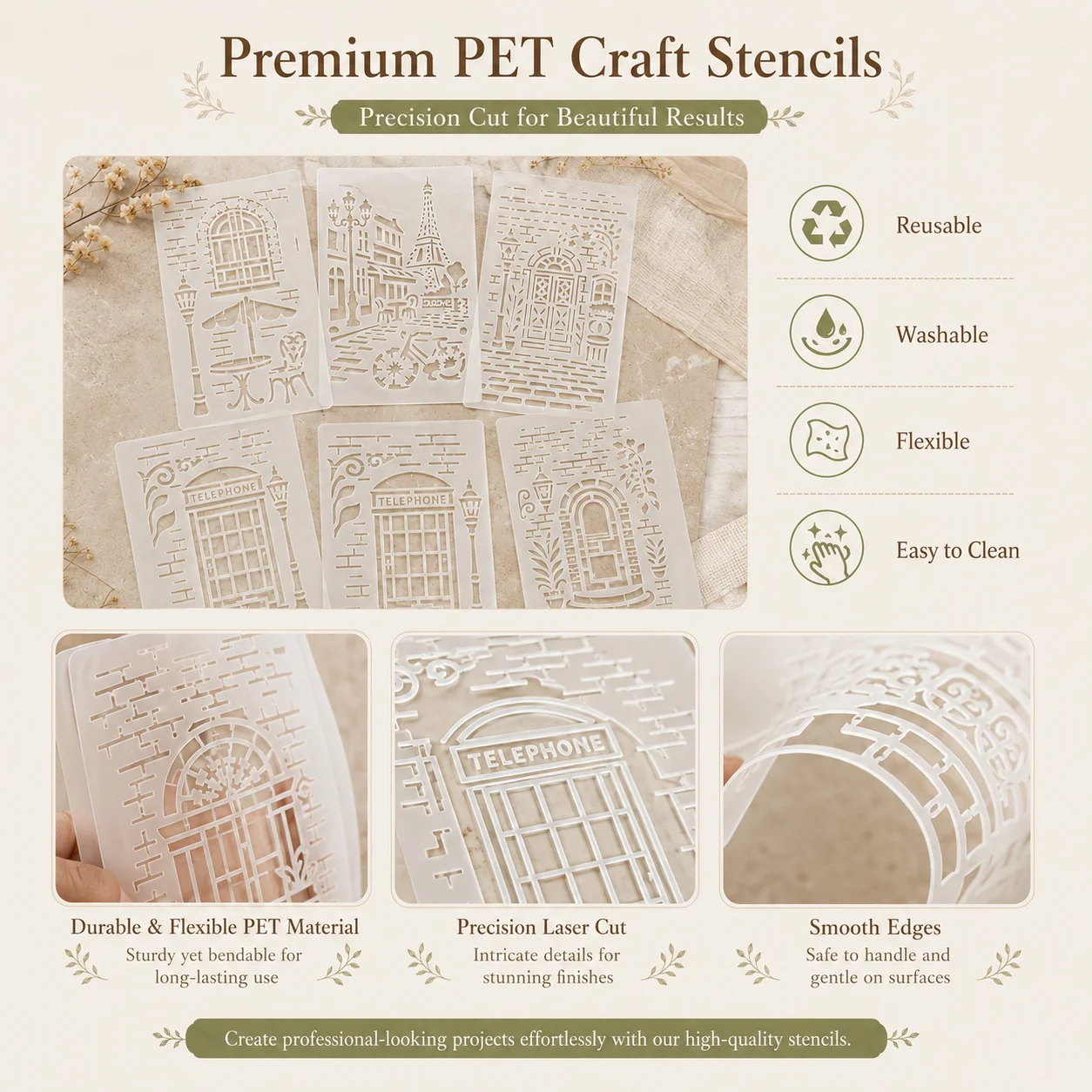 6Pcs 유럽 거리 풍경 스텐실 벽 저널 스크랩북 DIY 공예용 재사용 가능한 PET 페인팅 템플릿