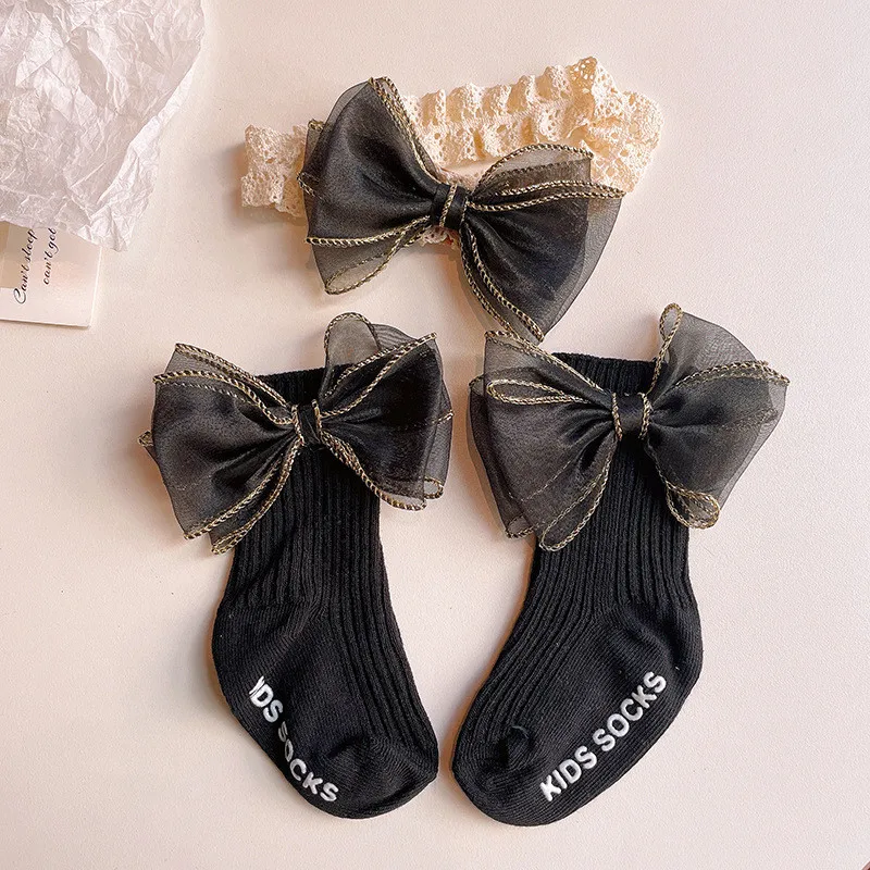 2pcs Bow Lace Baby Socks Newborn Cotton Baby Girls Sock Headband Cute Princess Style Toddler Socks Baby Accessories For Children 5