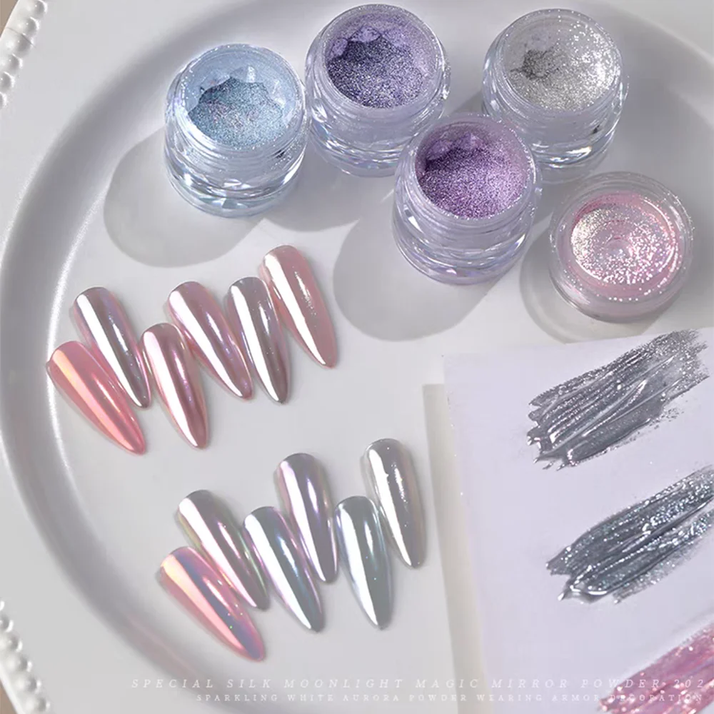 Silk Moonlight Magic Mirror Powder Glitter Metallic Effect Nail Rubbing Dust Fairy Chrome Nail Art Powder Cotton swab 6Colors Nail Powder Nail Glitter Nail Pigment Nail Decoration