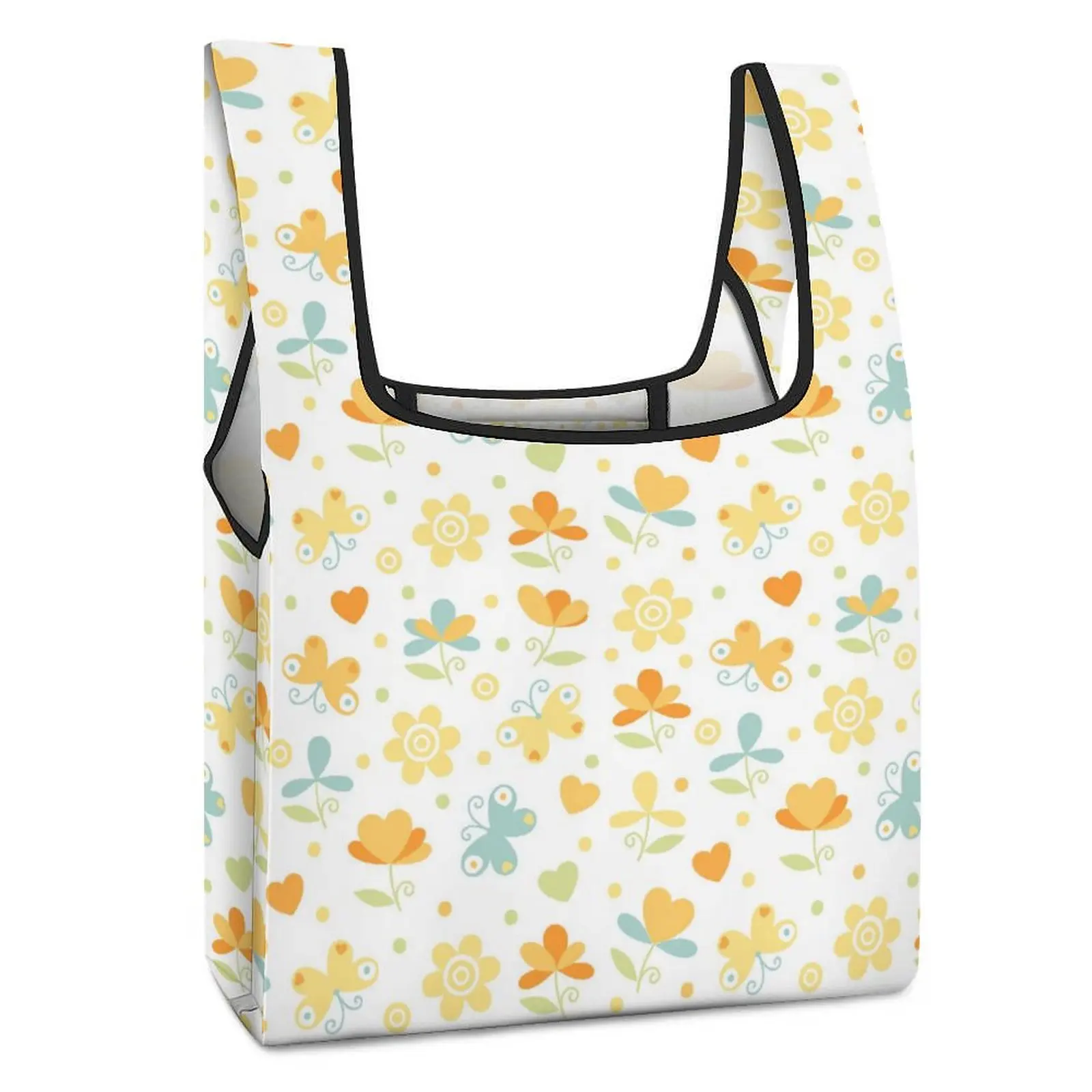 Custom Print Collapsible Shopping Bag Double Strap Handbag Cute Butterfly Flower Print Tote Casual Grocery Bag Custom Pattern saja foldable shopping bag large capacity tote bag woman s shoulder bags cat animal pattern female gril beach travel grocery bag