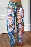 Plus Size Daily Multicolor Distressed Pocket Denim Jeans 1