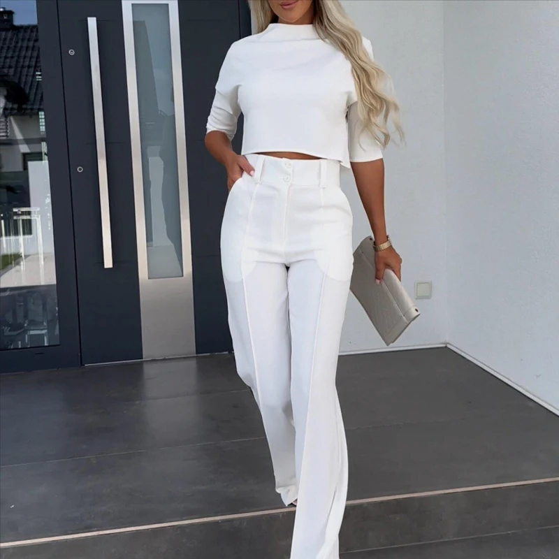 

Женский однотонный темпераментный комплект из топа с коротким рукавом и брюк с высокой талией и широкими штанинами