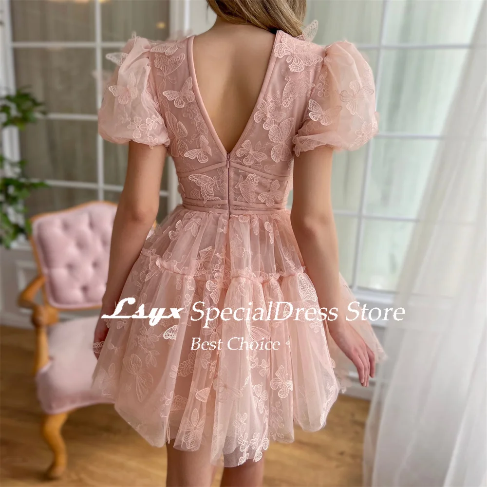 LSYX Above Knee Short Sleeves Butterflies Homecoming Dresses 2024 Tulle V Neck A Line Mini Length Princess Prom Gown