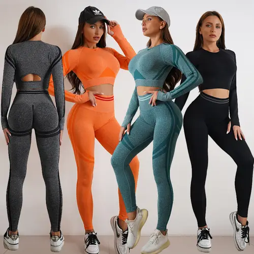 2Pcs Women Autumn Winter Seamless Yoga Set Workout Clothes Long Sleeve Gym Crop Peach Top High Waist Leggings Fitness Sport Suit - Image 3