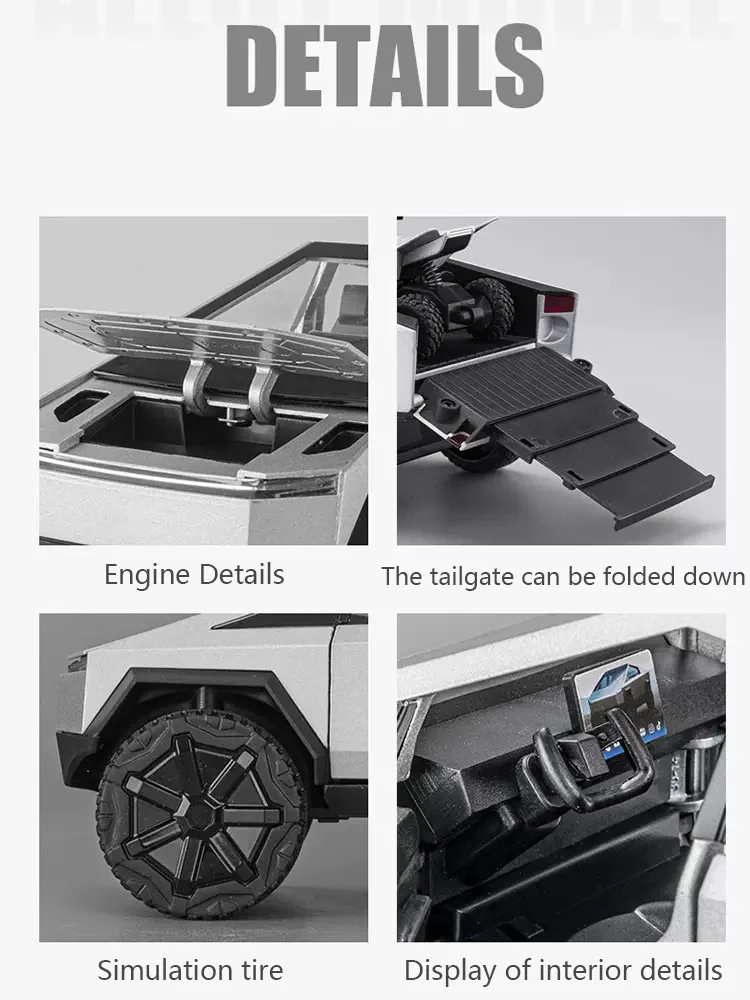 1:24 Tesla Pickup Model Alloy Car Simulation Off-Road Vehicle Sound And Light Pull Back Toy Car Boy Collection Decoration Gift 5