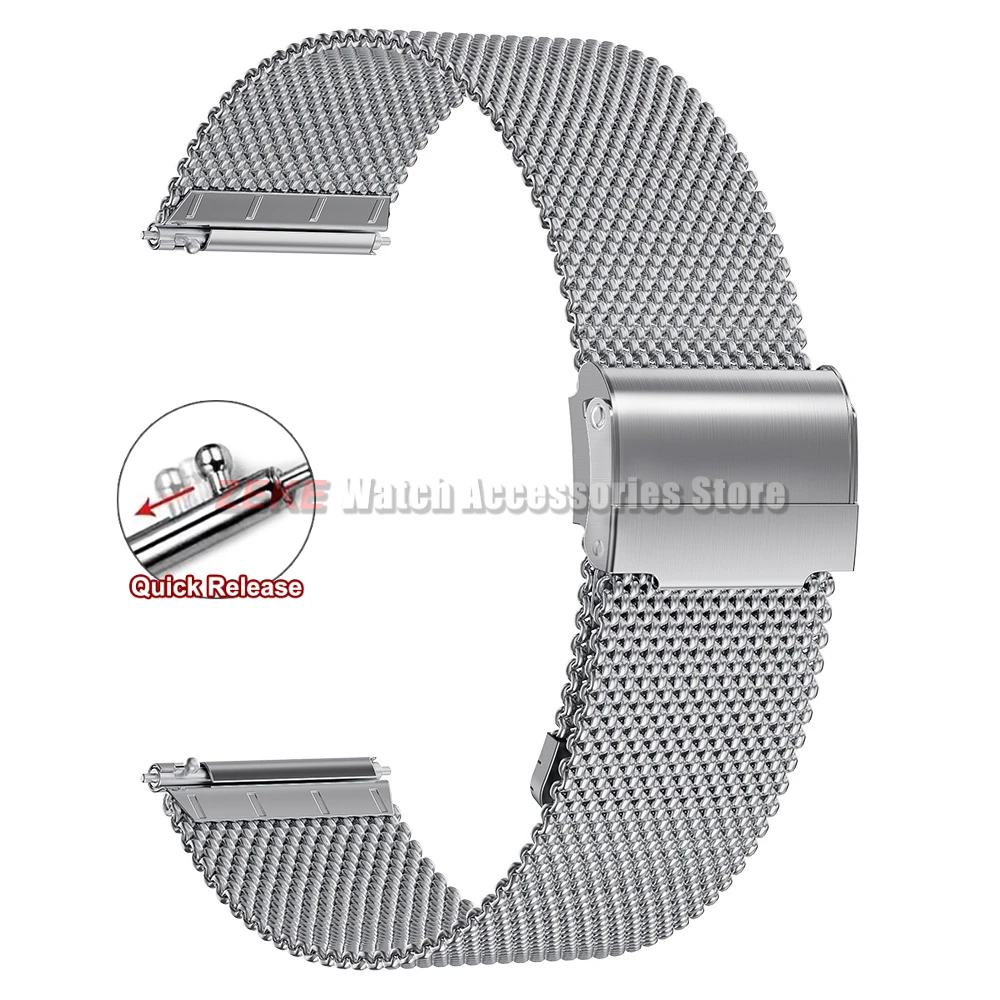 Universal Milanese Stainless Steel Mesh Watch Band - Quick Release Bracelet Strap, 0.6mm