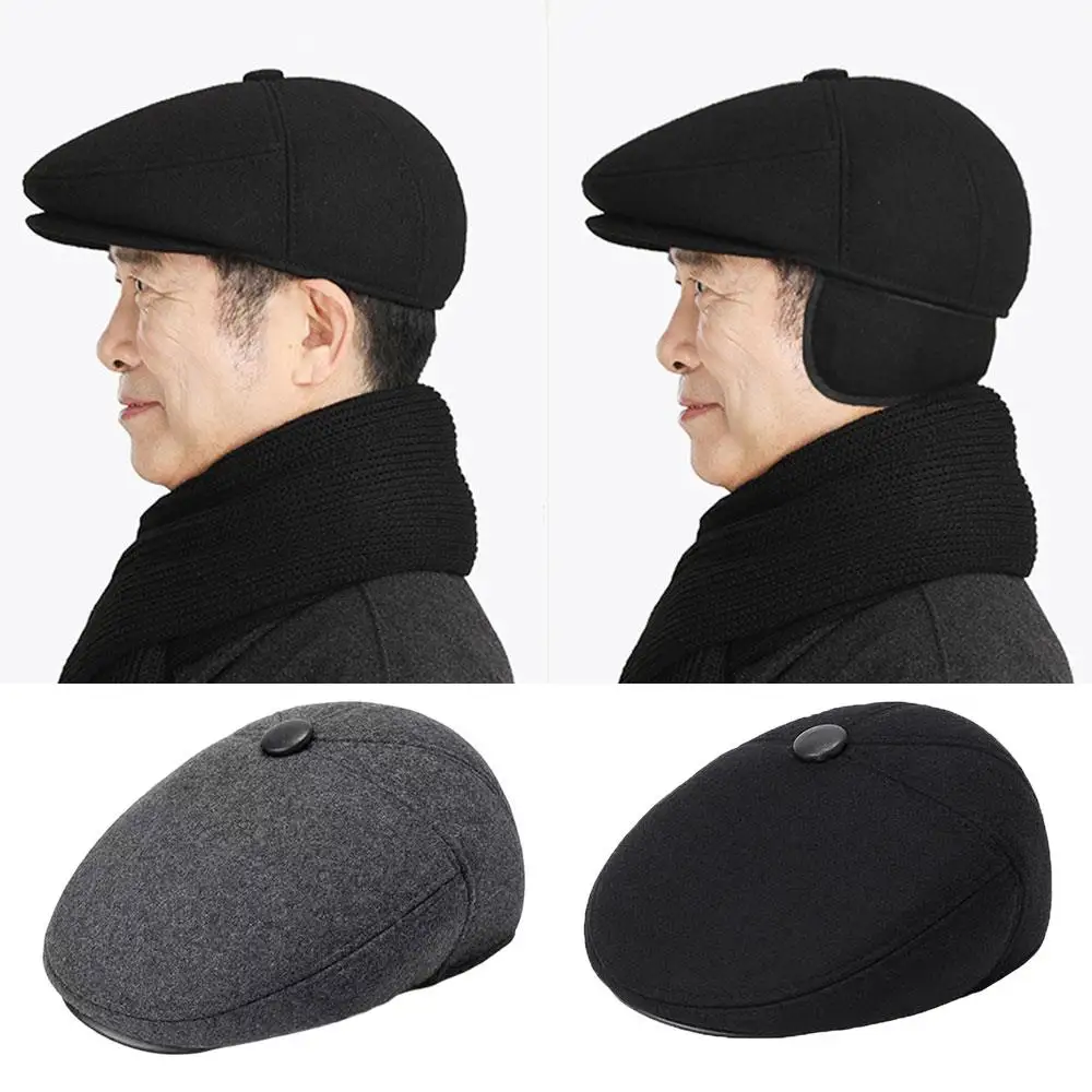 Thick Warm Winter Caps For Men Solid Black Grey Flat Cap Male Autumn Winter Beret Hat With Ear Flaps Dad Grandfather Beret Caps