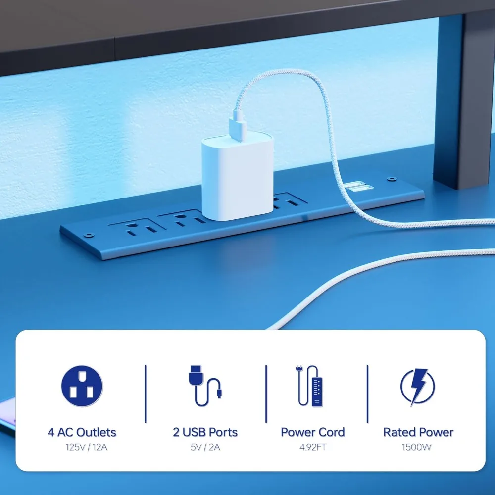 64 Inch L-Shaped Gaming Desk with Power Outlets, LED Lights, Monitor Stand & Pegboard for Home Office