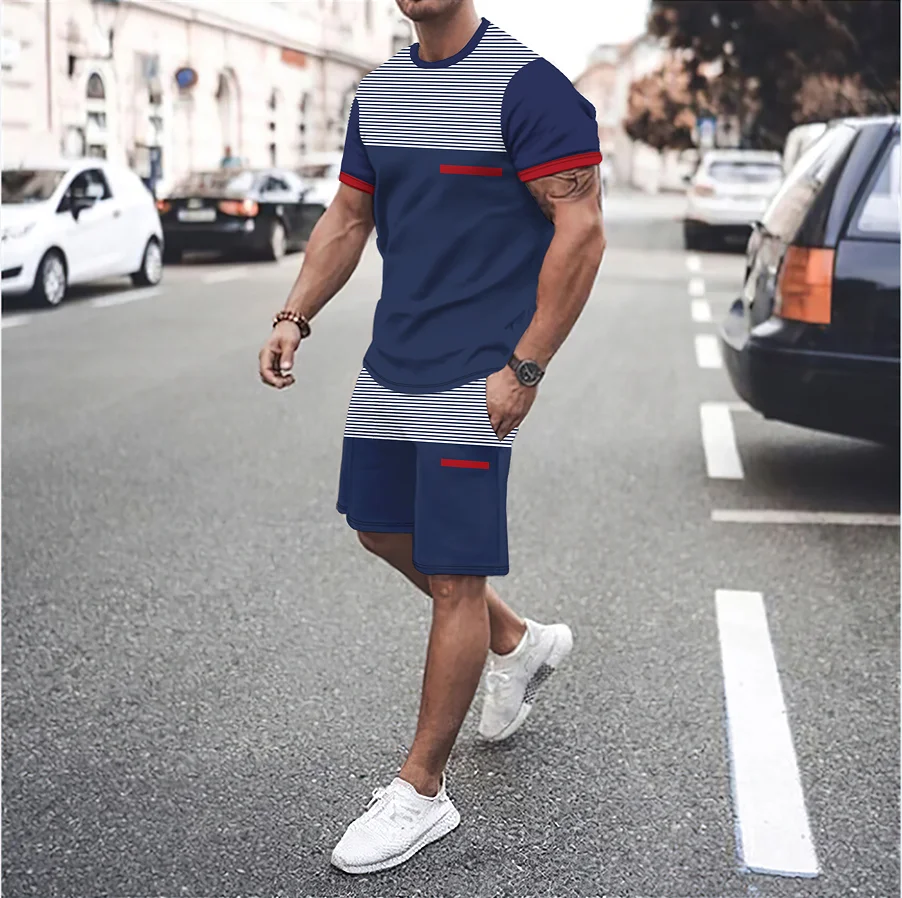 

Men's set summer casual sportswear 3D plus size fashionable T-shirt shorts short sleeved two-piece set trendy men's clothing