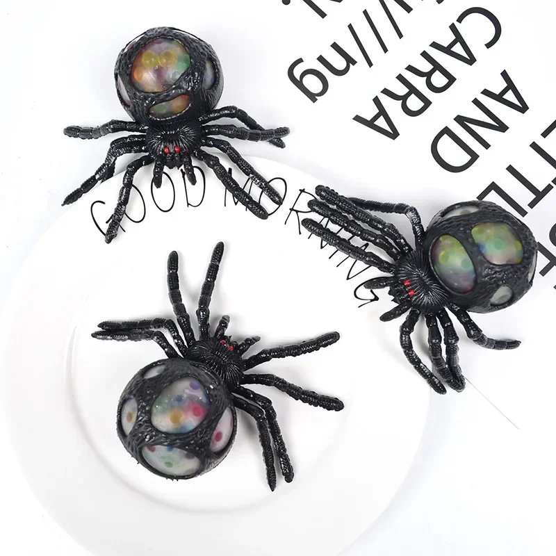 Stress Relief Toys Horrifying Black Spider Squeeze Toy Colorful Bead Interior Anti-Stress Decompression Gadget Halloween Gift