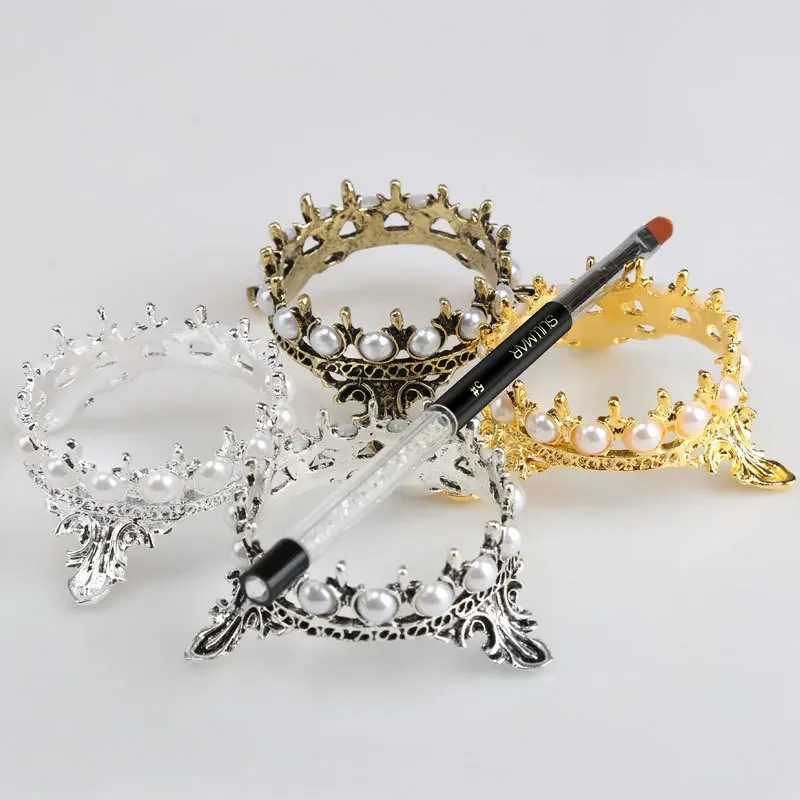 1Pcs Glitter Crown Pearl Metal Nail Brush Pen Holder Stand - Stylish Manicure Tool Pen Rack for Nail Art Supplies