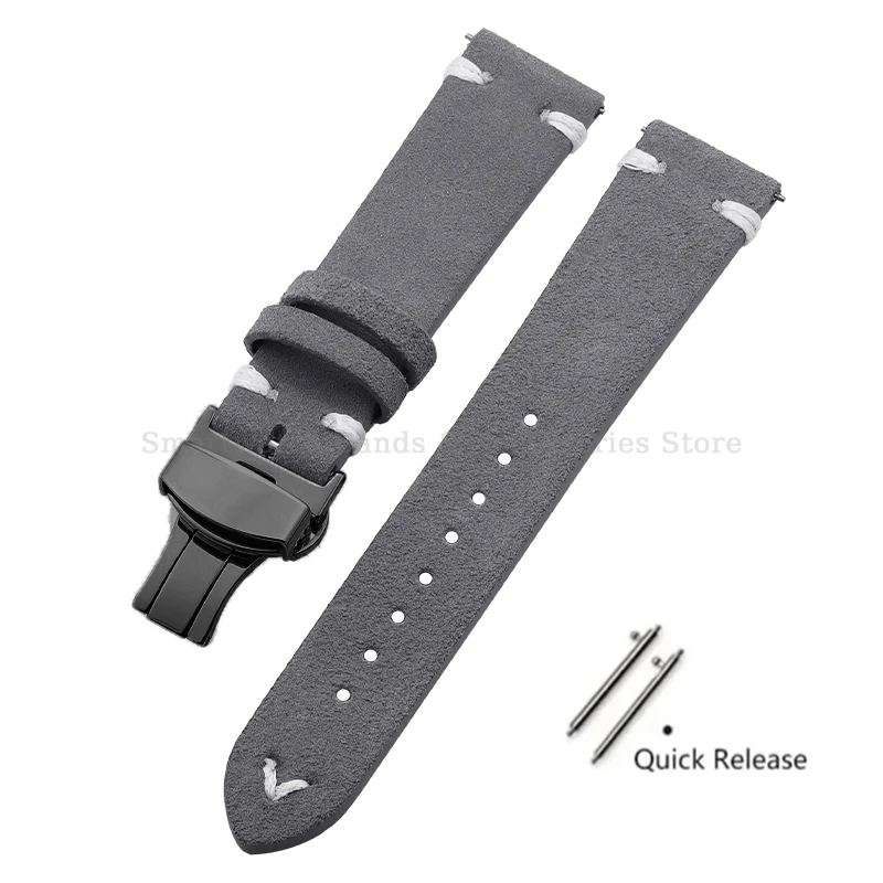 Vintage Handmade Suede Stitch Leather Watch Strap with Quick Release and Folding Clasp