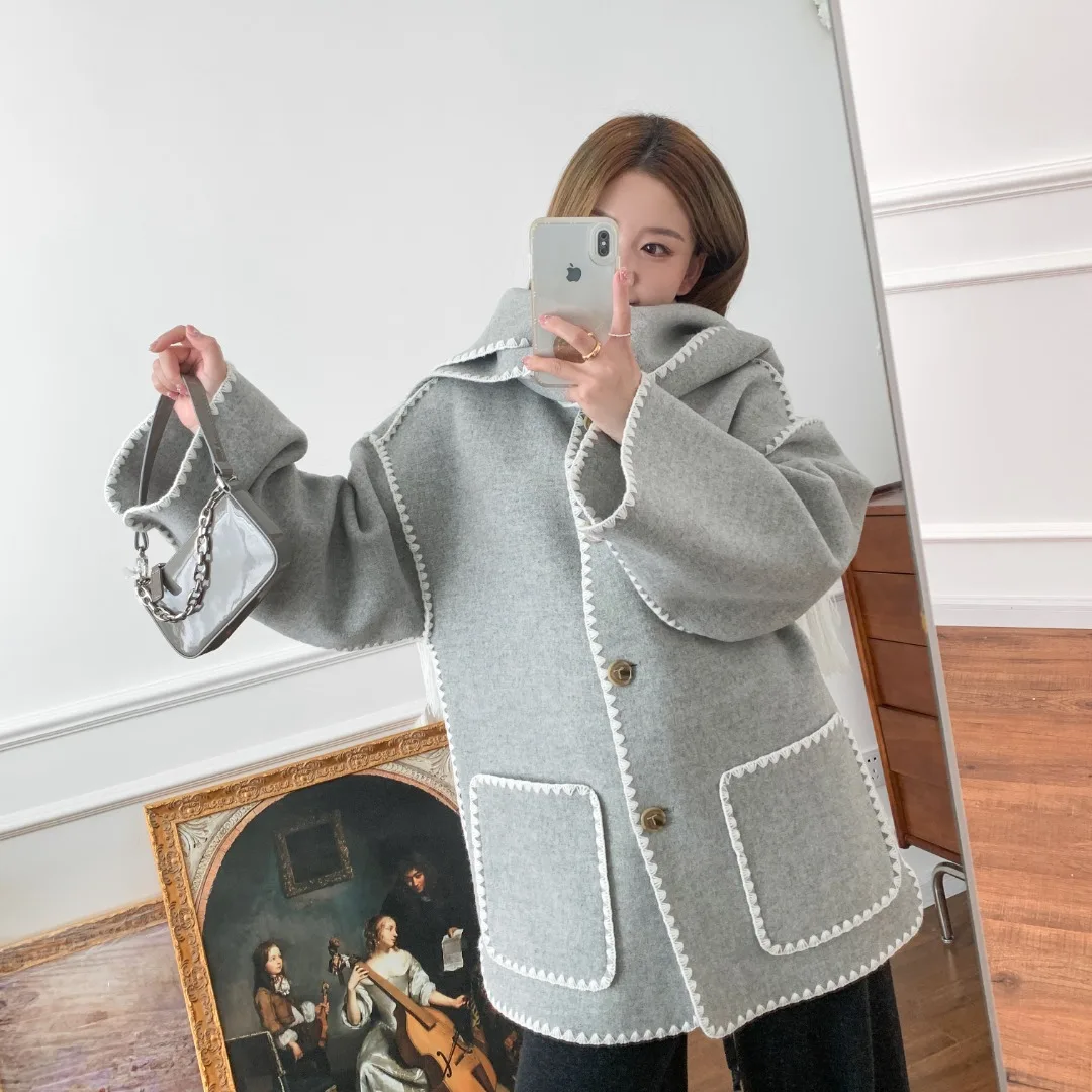 S776958a1d07e42d08dcdf44e273ea6aai Women Fringe Scarf Collar Coat Double-sided Woollen Single Breasted Autumn Winter, Loose Embroidery Trim Female Casual Jacket Mallzona