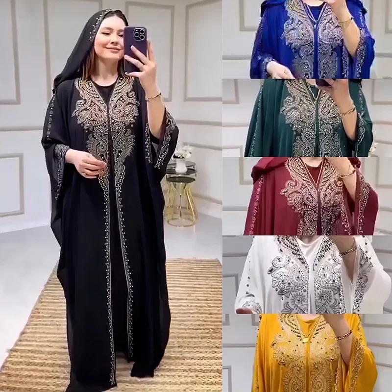 

New Hot Rhinestone Beaded Muslim Long Gown African plus Size Women's Hooded White Dress Summer Dress Vestidos De Fiesta Pedreria