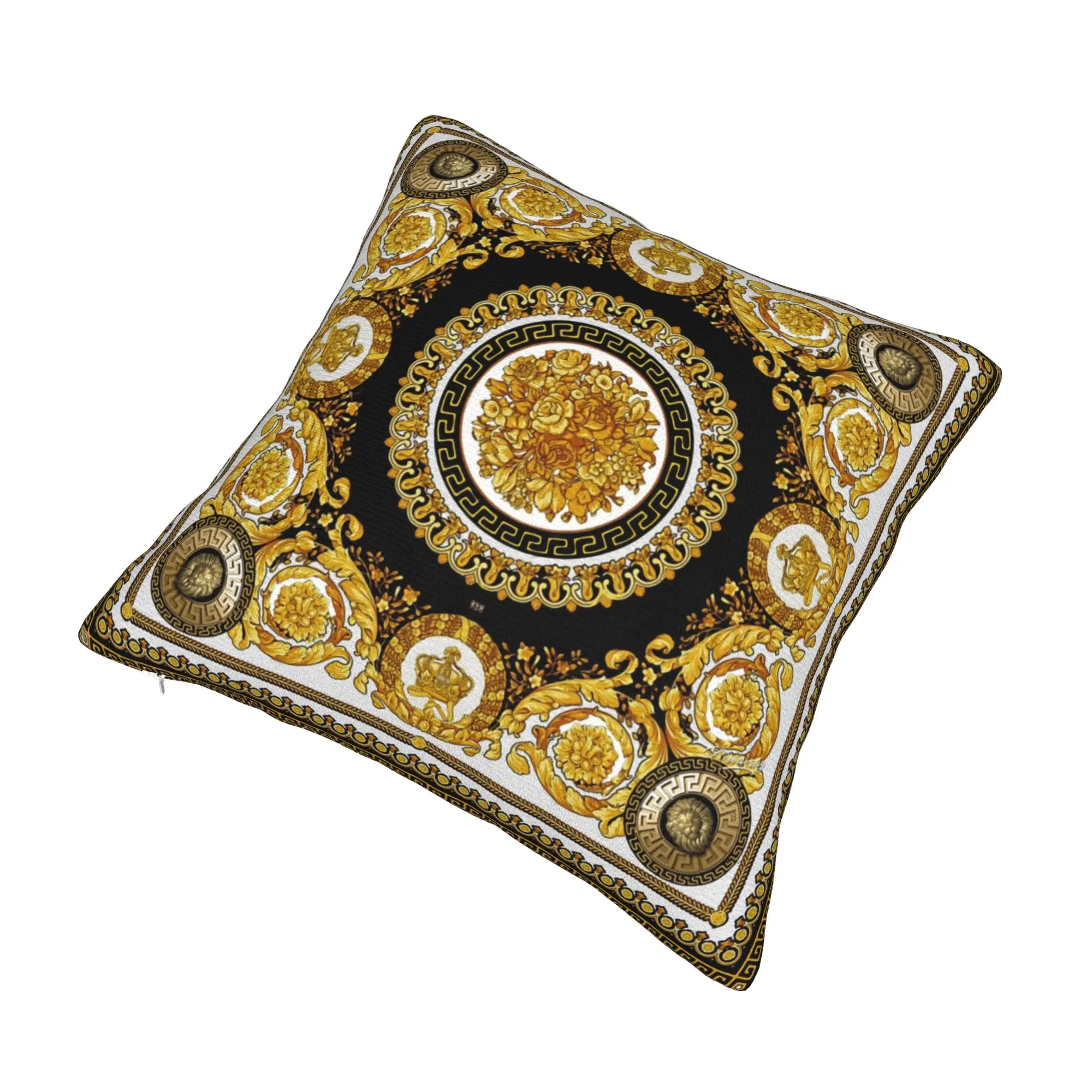 Elegant Baroque Gold Medallion Decorative Pillowcase - Luxurious Soft Fabric Cushion Cover