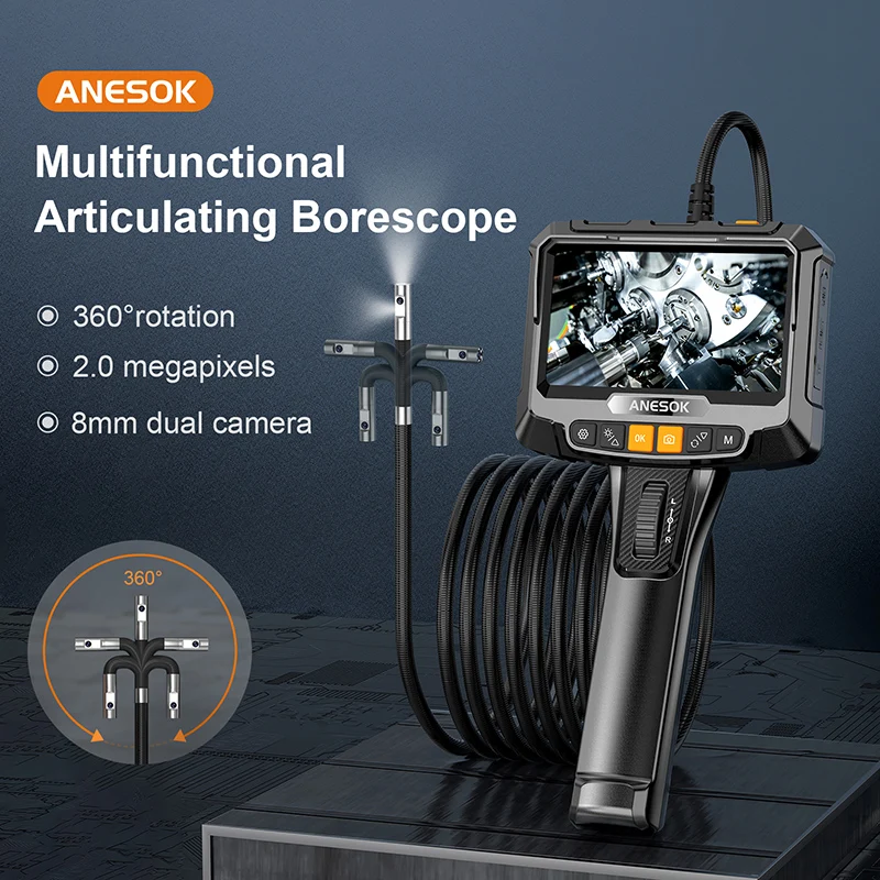 

360° Two-way Steering Industrial Endoscope Camera 8mm 5" IPS Screen Single&Dual Lens Inspection Borescope 1080P For Car