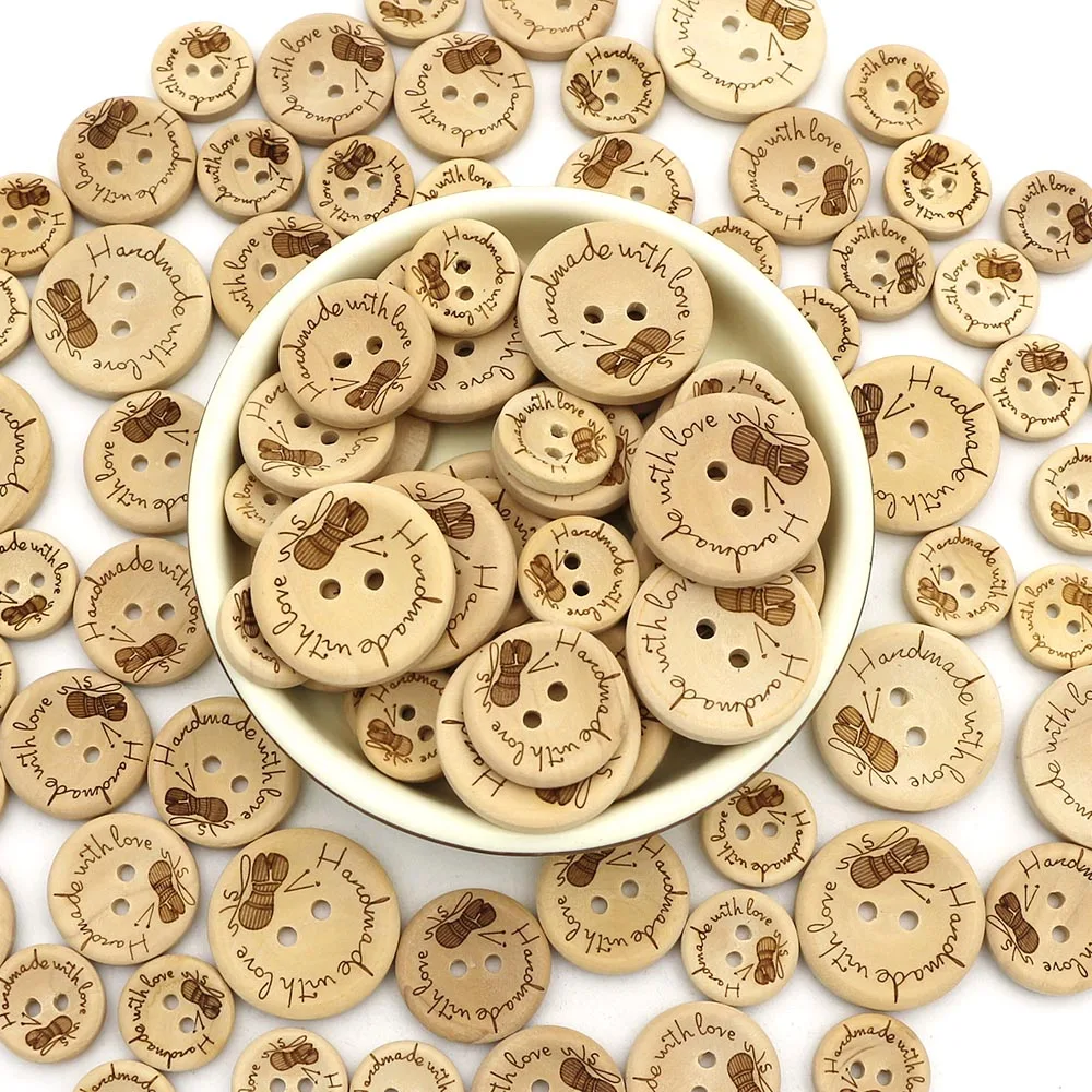 30pcs Natural Color handmade With Love Engraved Wooden Buttons Sewing 2  Holes for Crochet 15mm 20mm 25mm Craft Supplies DIY 