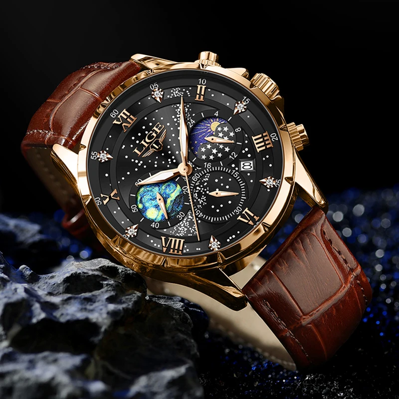 LIGE Sports Chronograph Wrist Watches For Men Waterproof Luminous Quartz Men Watch Fashion Leather 24 hour Moon Phase Watch Men