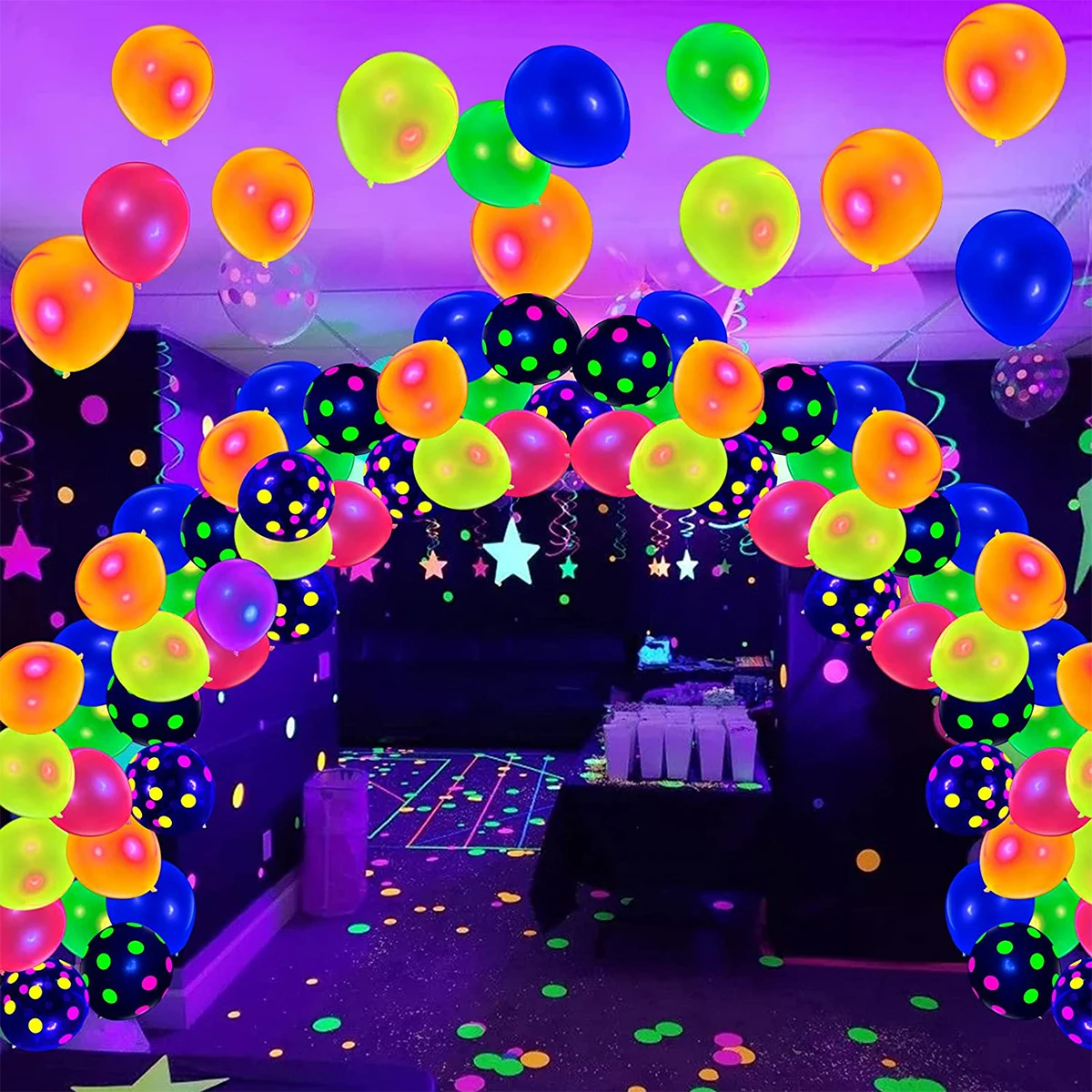 90Pcs Neon Balloons 12'' UV Neon Glow Balloons Reusable Polka Dot Blacklight Glow in the Dark Latex Balloon Blacklight