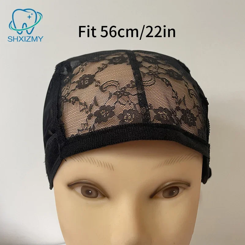 Berretto per parrucca in pizzo per realizzare parrucche 56 cm con cinghie regolabili Tessitura elasticizzata Berretto con parte a U Cappello per retine per capelli a cupola da donna nera
