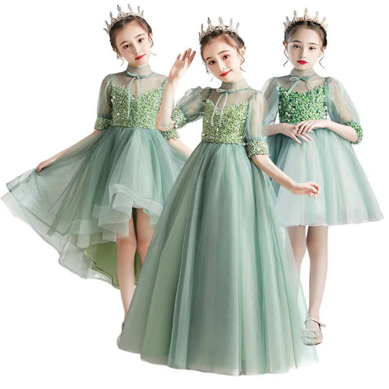 Summer Beading Tulle Knee-length Sage Green Flower Girl