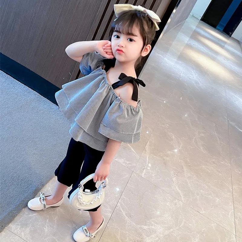 

2022 Baby Girls Summer Clothing Sets Fashion Plaid Bowknot Sling Tops+Black Bell-bottoming Trousers Korean Kids Clother 1-7Yrs