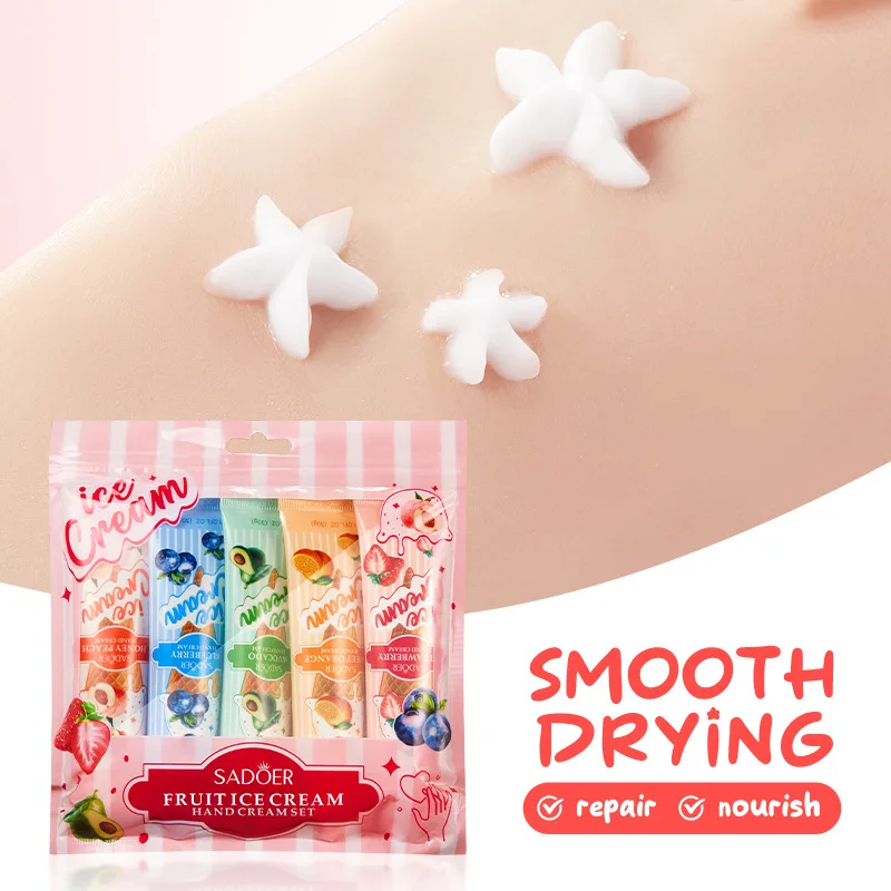5pcs SADOER Fruit Pattern Hand Cream Sets Moisturizing Nourishing Whitening Hydrating Anti-aging Hands Skin Care Products