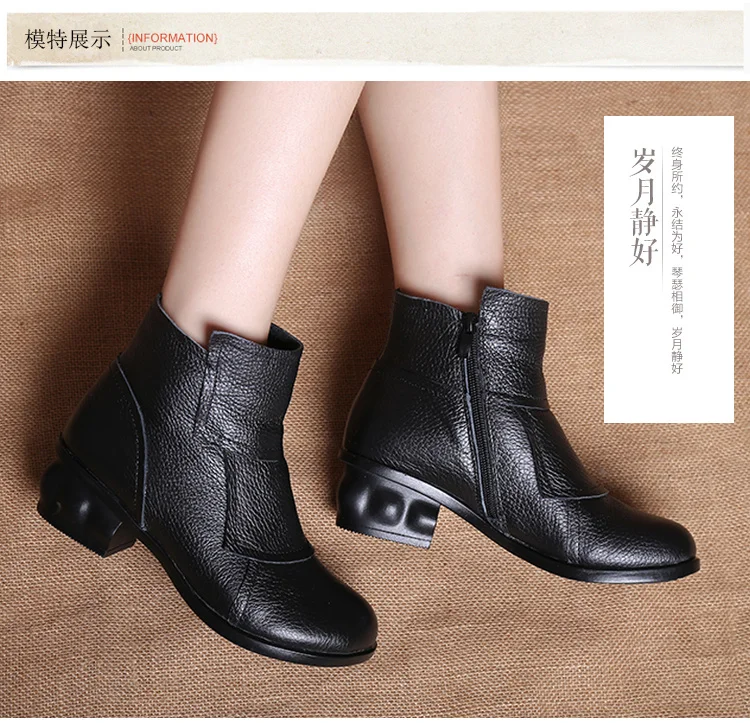 Retro wasserdichte Stiefeletten Damen echtes Leder blau quadratische Absätze Schuhe Damen Vintage bequeme Stiefel Luxus Schuh mit Absatz – Detail 7