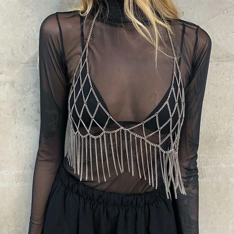 Top In Rete Lucida Con Catena E Strass Scintillanti Per Donna – Nero, Corto, Perfetto Per Discoteca, Feste Ed Eventi Speciali