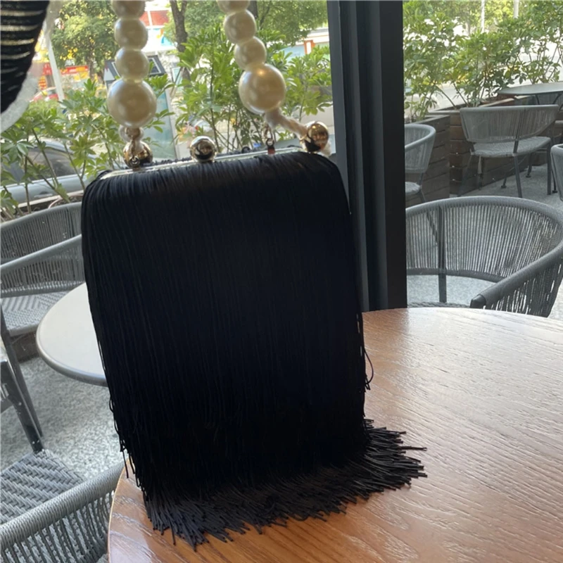 Tassel Evening Clutch Purse Pearl Handle Handbag Party Prom Crossbody Bag
