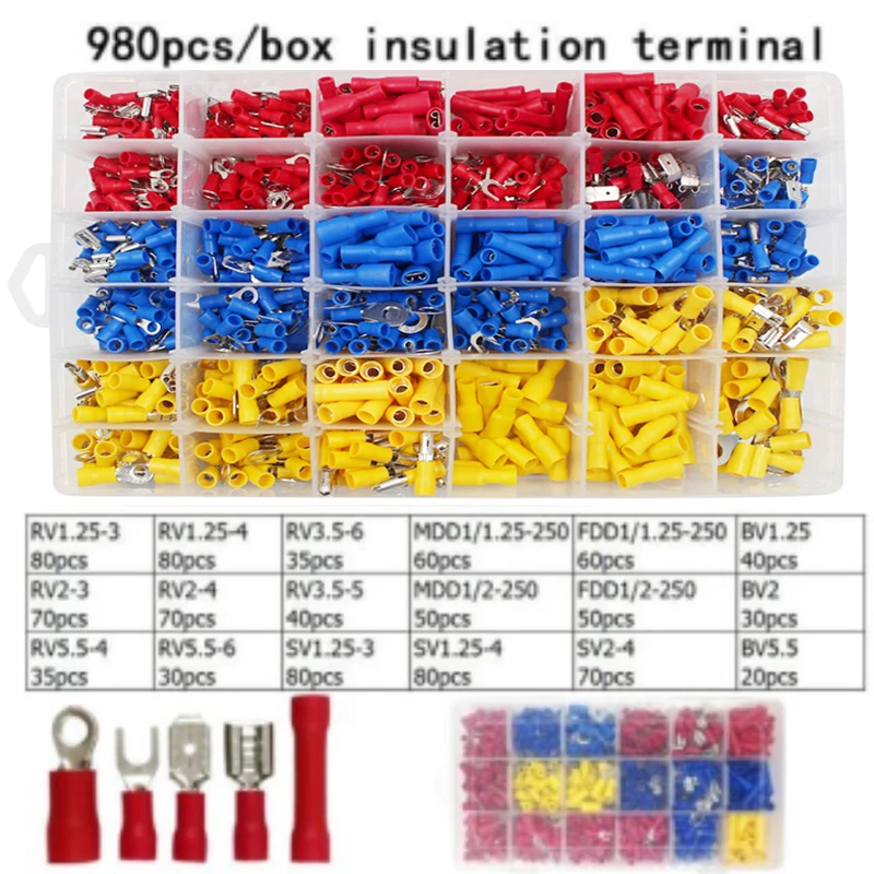 

980PCS Crimp Spade Terminal Assorted Electrical Wire Cable Connector Kit Crimp Spade Insulated Ring Fork Spade Butt Set