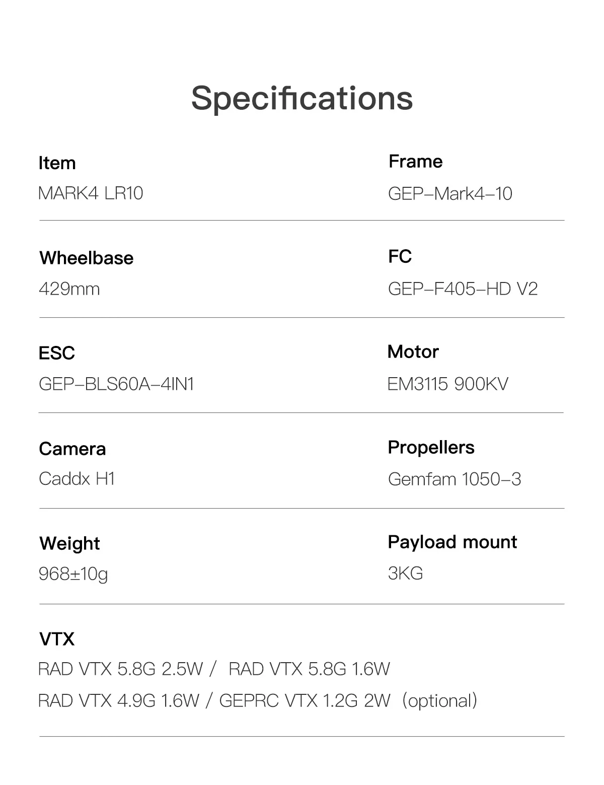 Specifications Item Frame MARK4 LR1O GEP_Mark4-10 Wheel