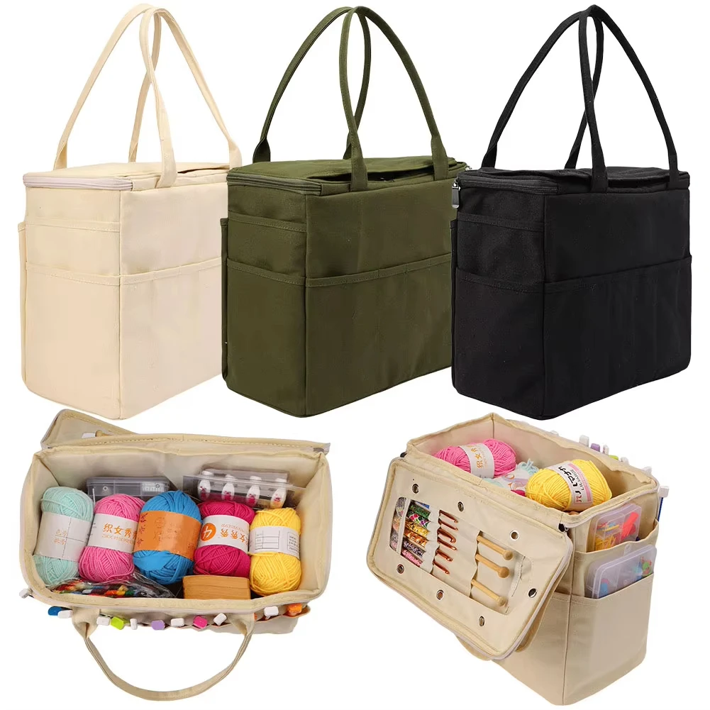 Large Capacity Organizer Canvas Yarn Storage Bag Solid Crochet Bag with Multi-layer Pockets for Hooks Knitting Needles