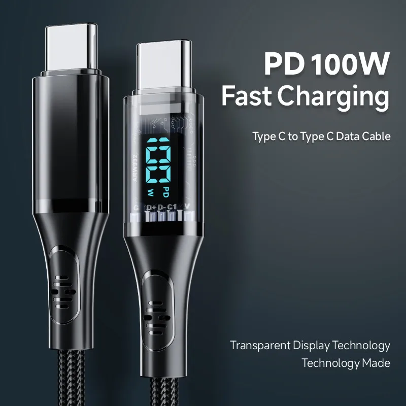 

100 Вт супер быстрый зарядный кабель Type-C для передачи данных Плетеный цифровой дисплей прозрачный корпус двойной C зарядный кабель прочный