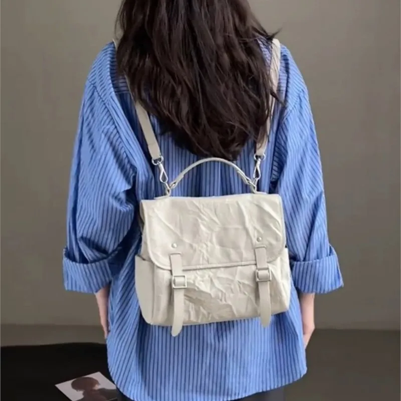 Korean Niche Backpack Women Wrinkled PU Leather Large Capacity Rucksack Ladies Minimalist Casual Versatile Mochilas Mujer 2025