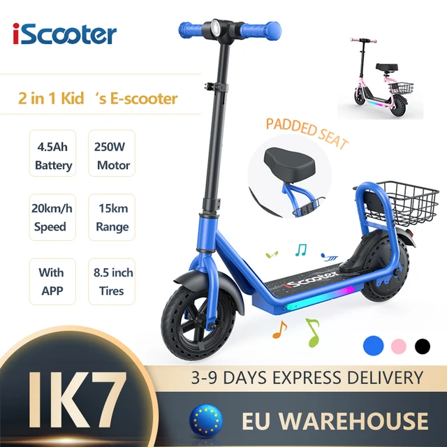 Trottinette électrique iScooter iK7 pour enfants, 8,5 pouces, siège et panier amovibles, guidon réglable en hauteur, moteur 250W, 3 vitesses, lecture de musique Bluetooth, commande par application, trottinette électrique pour l'extérieur 1