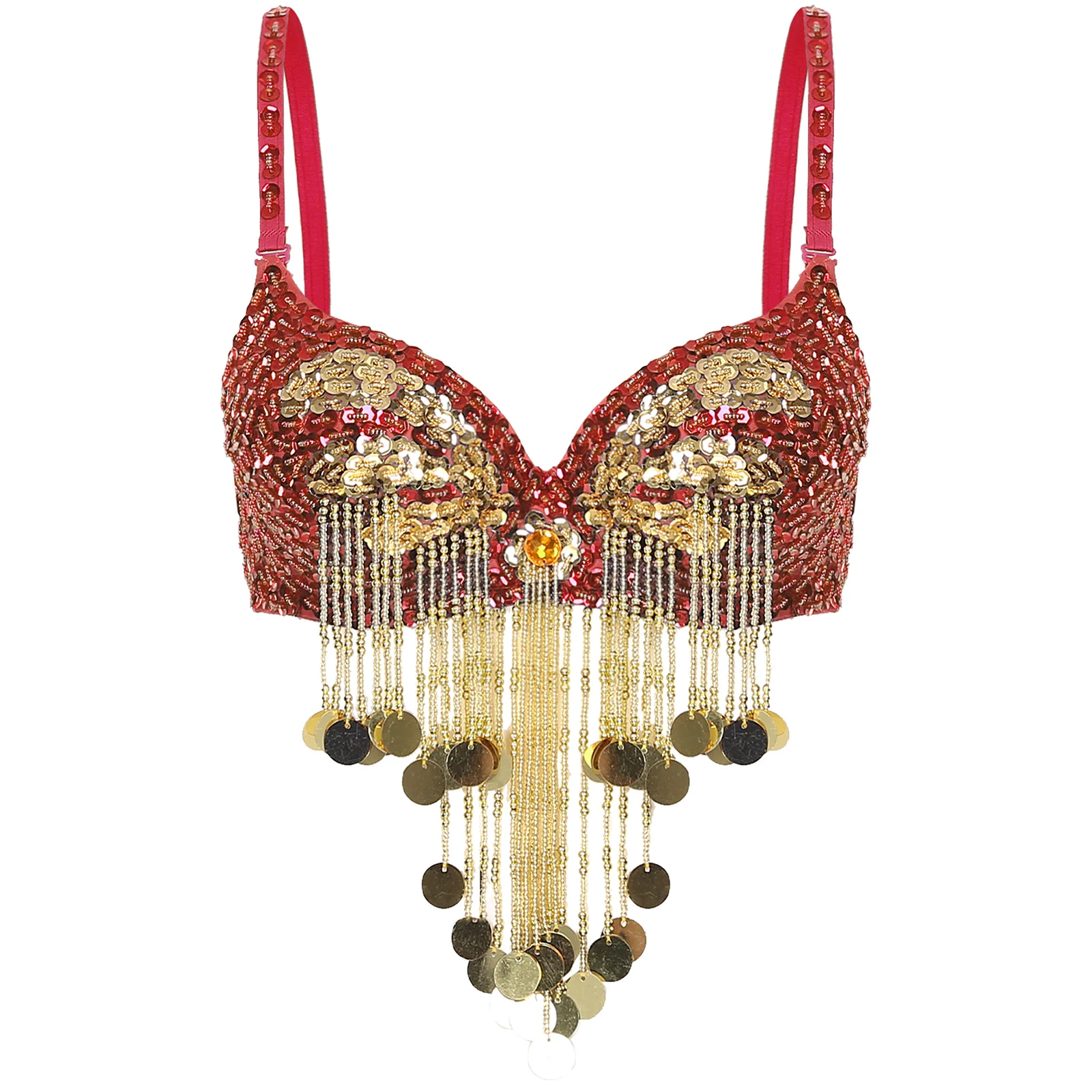 thumbnail image 1 of Traje indio de Bellywood Rave para mujer, correas ajustables, lentejuelas brillantes, sujetador con aros, borlas de cuentas de plástico, Tops para danza del vientre, 1 of 5