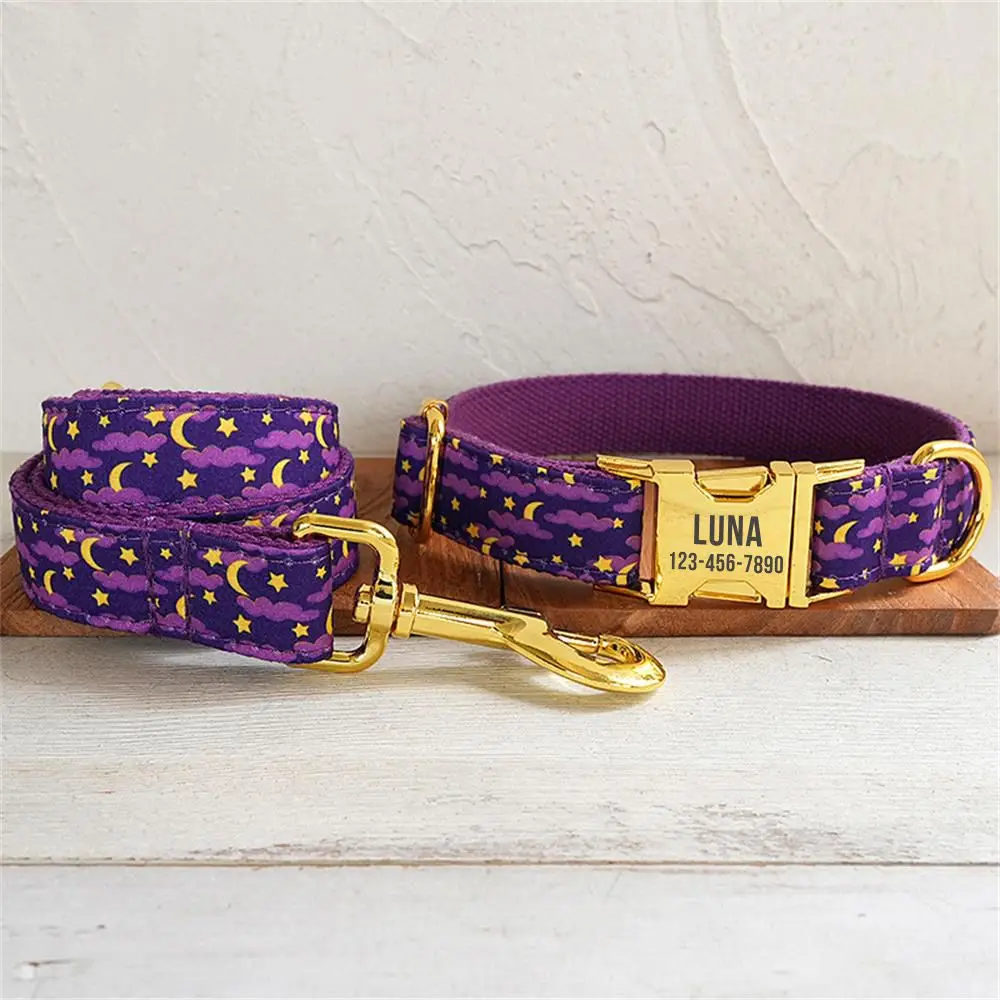Personalized Dog Collar with Free Engraving Matching Pet Leash Customzied Contacts Metal Buckle Purple Moonlit Night Collar dog collar pet leash set dog traction rope dog seatbelt leash