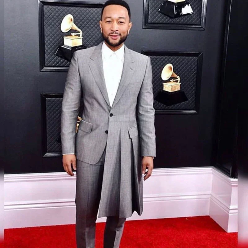 Grey Long Men Suits For Evening Prom Slim Fit Wedding Groom Tuxedo Notched Lapel 2 Piece Male Fashion Costume Jacket +Pants