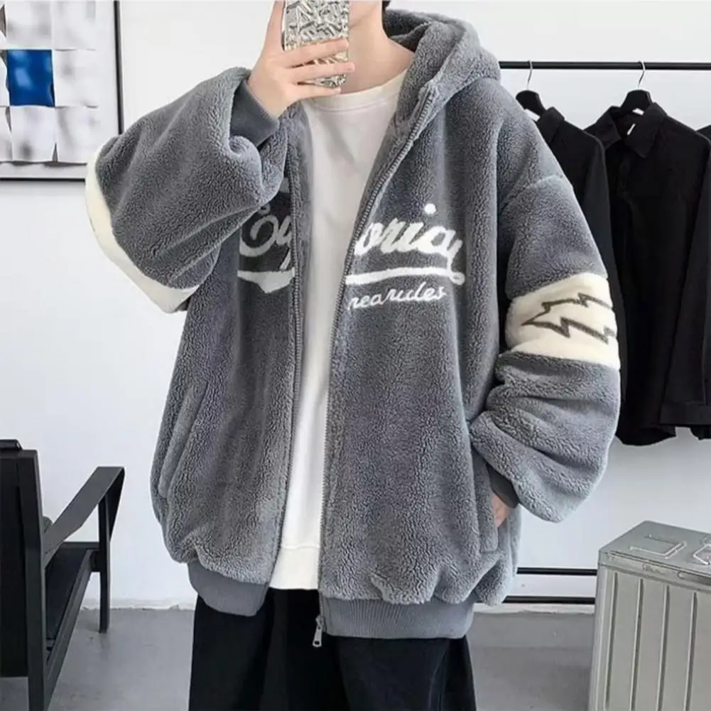 

Men Soft Outerwear Stylish Men's Winter Coat Warm Hooded Cardigan with Letter Print Thick Fabric Multiple Pockets for Cold