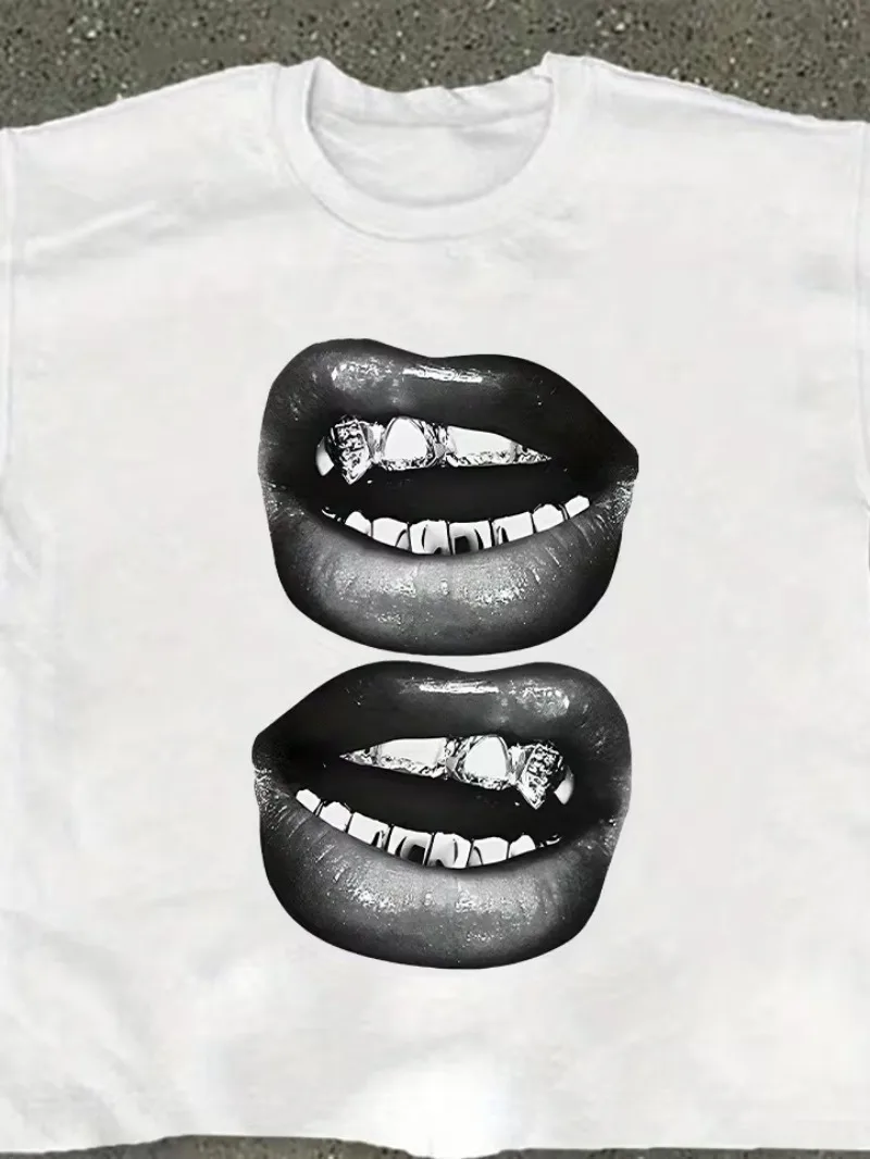 T-Shirt mit Lippenmuster-Aufdruck für Männer und Frauen, Unisex, lässig und trendig, Oversize-Freizeit-T-Shirt für Reisen, Alltag, Streetwear, Hip Hop, Vintage