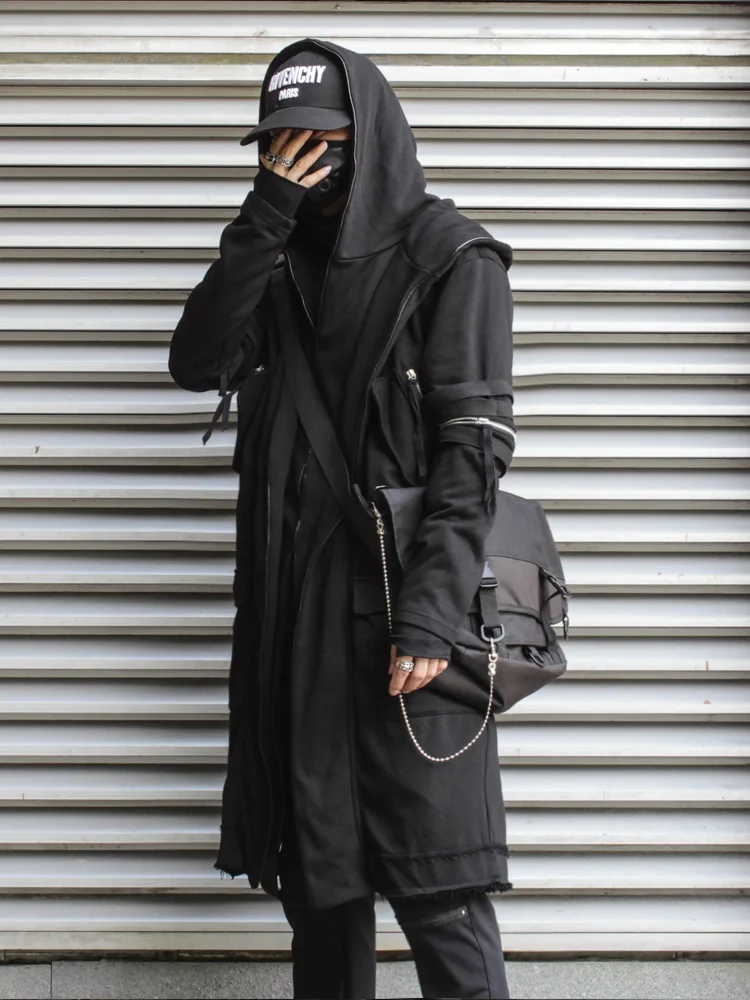 Winter Fake Two Piece Patchwork Punk Hip Hop Trench Coat Long Hooded Cloak Men Techwear Style Gothic Vintage Long Jacket