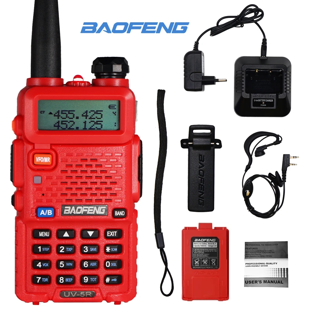 Рация Baofeng Двухдиапазонная UV5R, красная рация с двойным дисплеем 136-174/400-520 МГц, двухсторонняя рация с дальностью 10 км