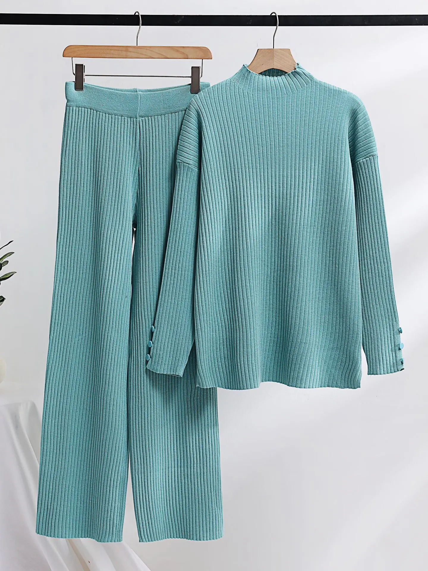 Autumn Winter 2 Pieces Women Sets Loose LargeSize Solid Color Knitted Tracksuit Turtleneck Sweater+ Straight Jogging Pants Suits