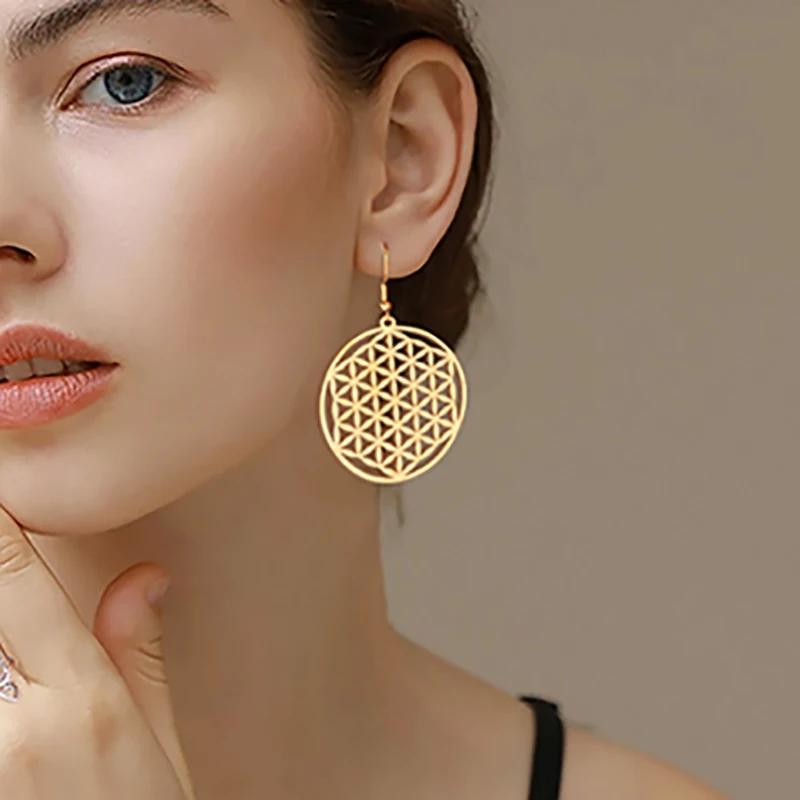 LIKGREAT Flower of Life Hoop Earrings for Women Mandala Stainless Steel Hoops Gold Color Hollow Drop Earrings Vintage Jewelry