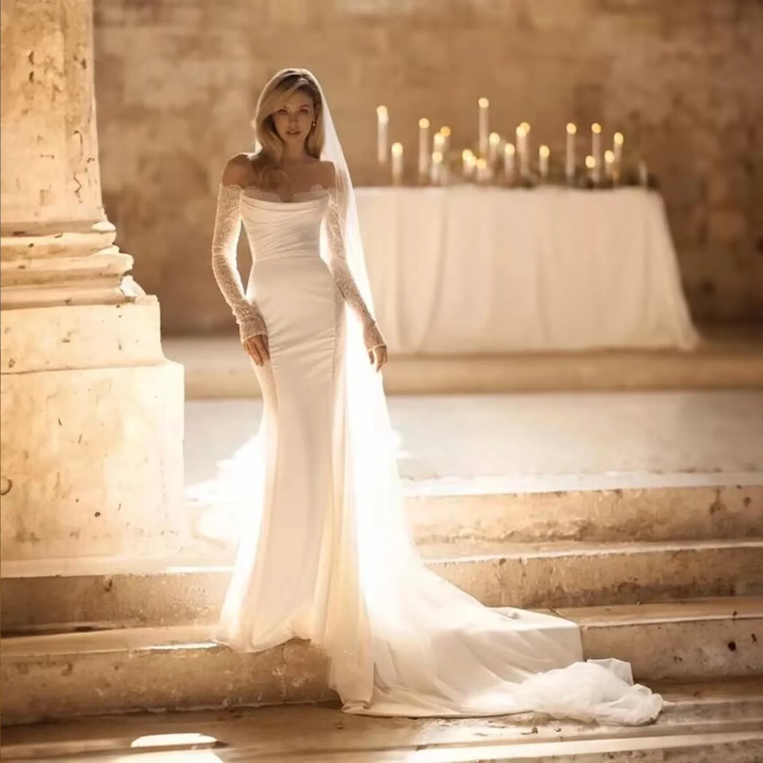 Pleated Bodice Mermaid Wedding Dresses Lace Long Sleeves Luxury Vestidos De Novia Off the Shoulder Hochzeitskleid