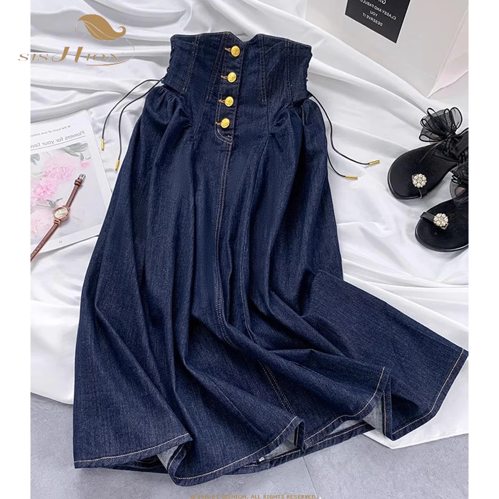 

2023 Autumn Women's Button Fly Denims Skirts Mid-calf Vintage Elastic High Waist A-Line Midi Jean Skirts With Pockets SR1367